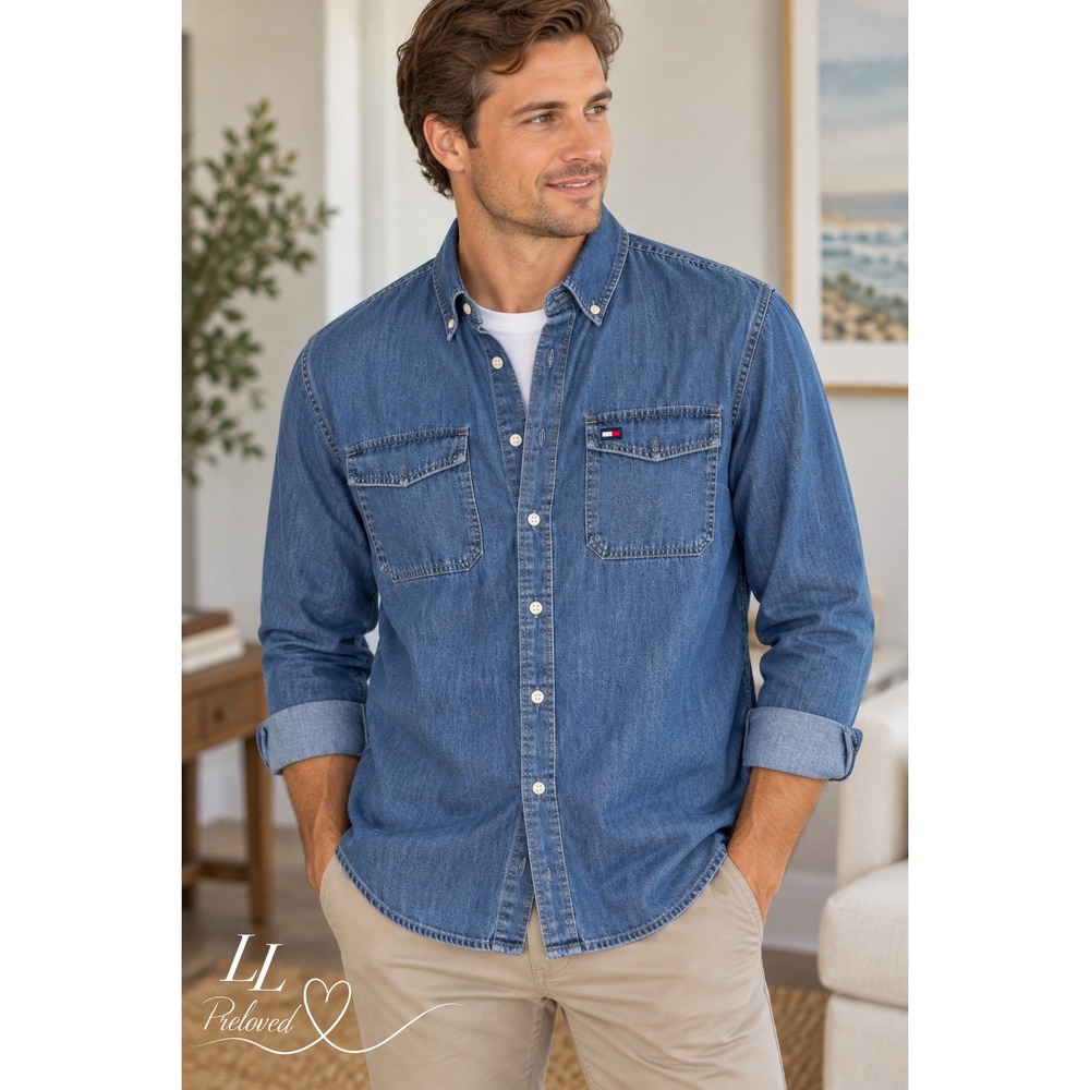 Tommy Hilfiger Denim Shirt Mens Small Blue Long Sleeve Button Down Workwear